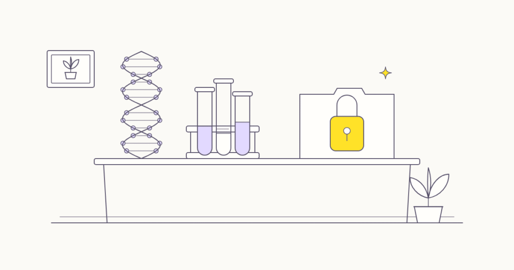 סליל DNA ומבחנות על שולחן, ולידם תיקייה סגורה במנעול