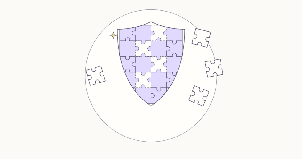 מגן שבנוי כפאזל וחסרים בו ארבעה חלקים, והחלקים החסרים מפוזרים סביבו